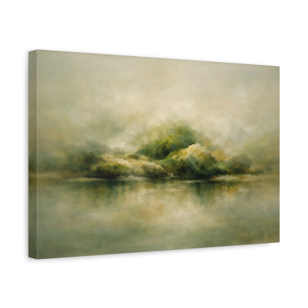Side Mockup 4. Nature Misty Landscape Green Beige Landscape shown as stretched canvas wall art