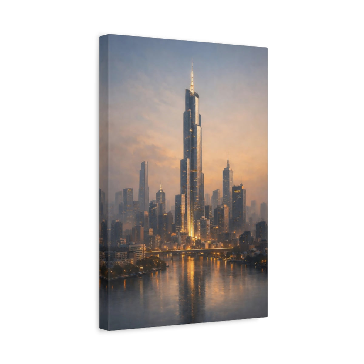 Side Mockup 4. Science Fiction Cityscape Orange Blue City shown as stretched canvas wall art