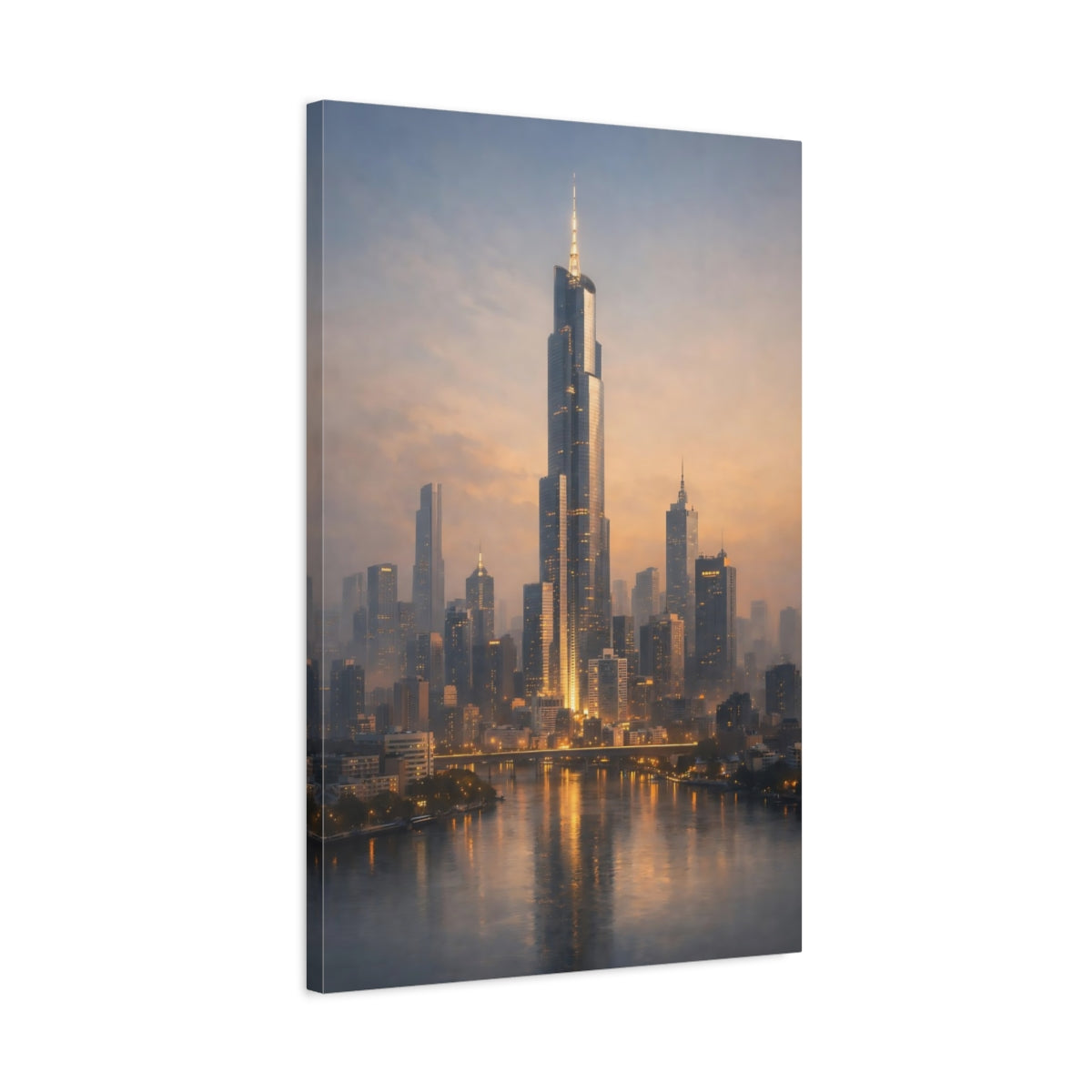 Side Mockup 2. Science Fiction Cityscape Orange Blue City shown as stretched canvas wall art