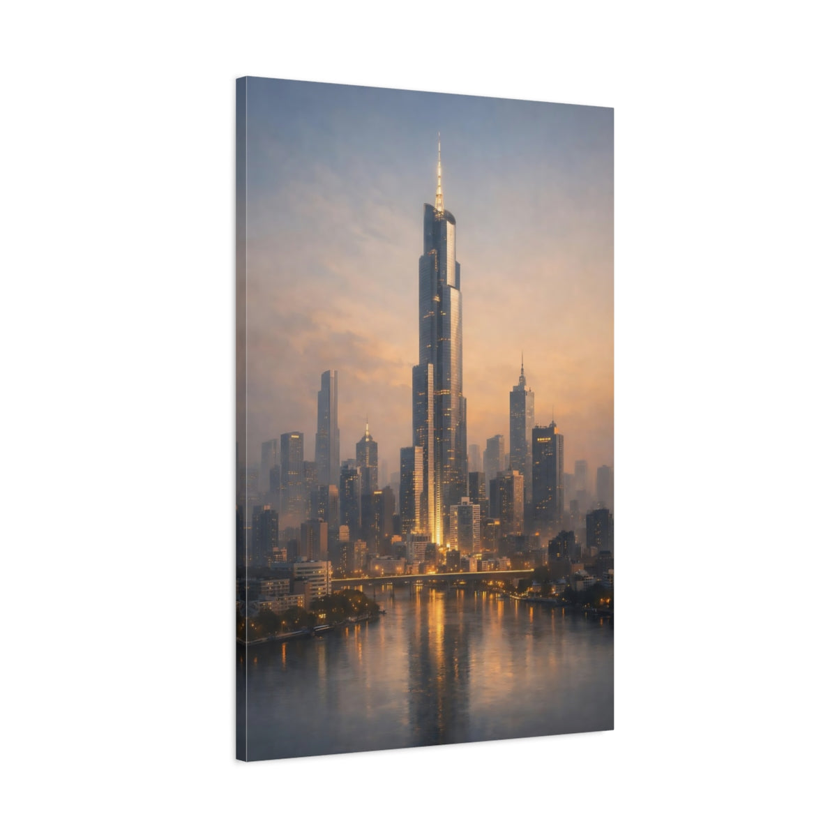 Side Mockup 1. Science Fiction Cityscape Orange Blue City shown as stretched canvas wall art