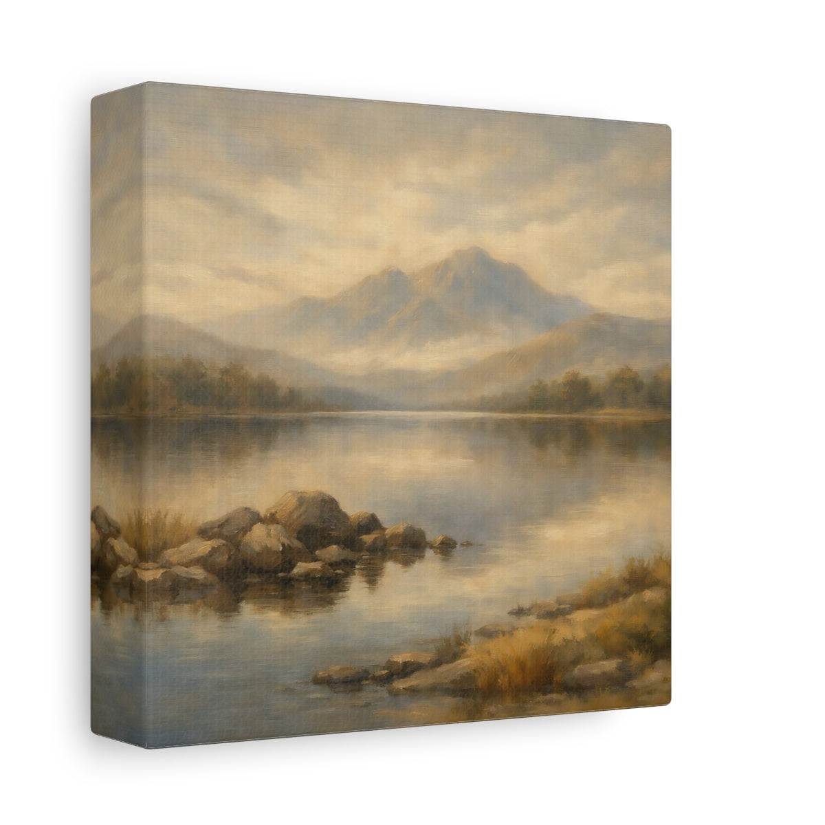 Side Mockup 1. Nature Mountain Lake Earthy Landscape shown as stretched canvas wall art
