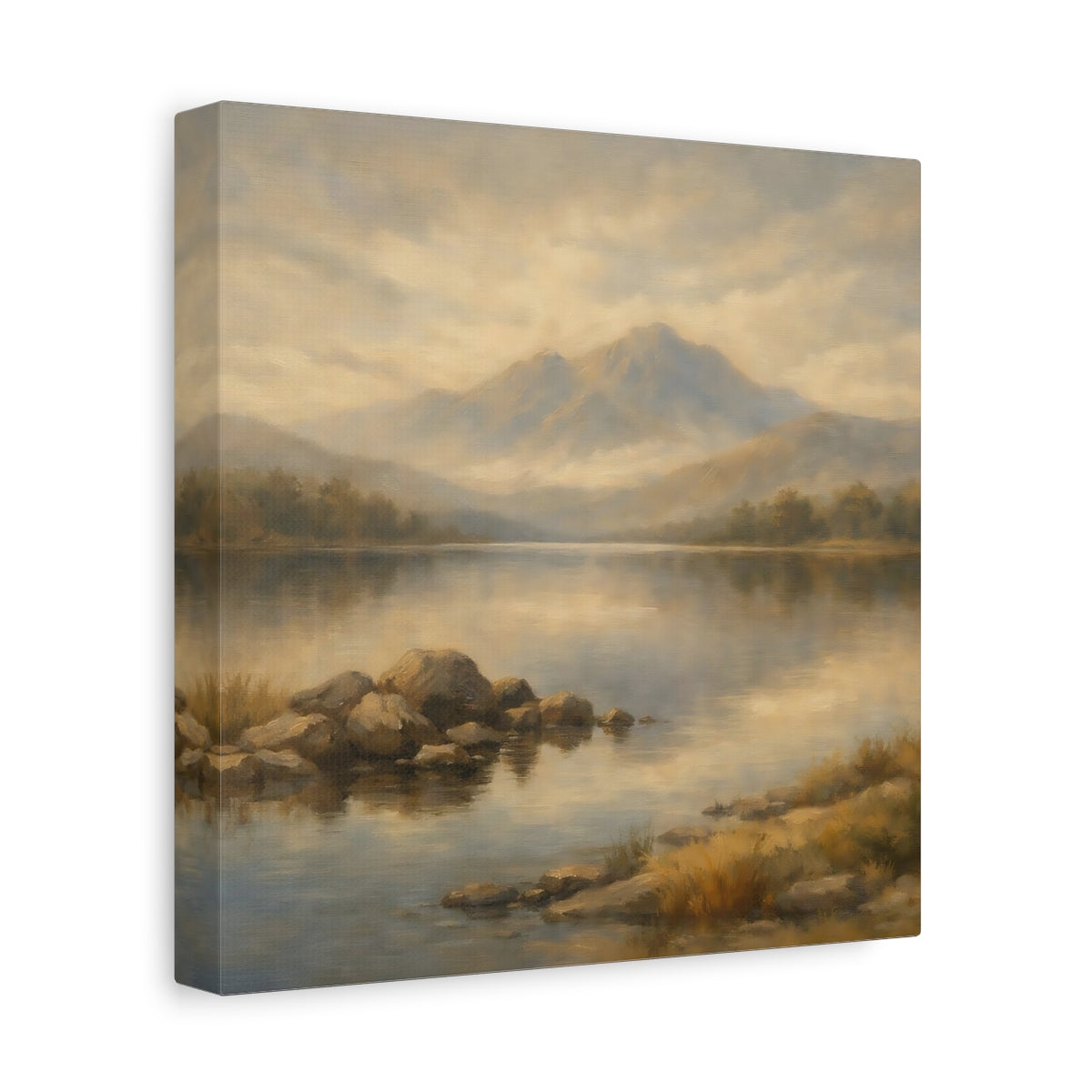 Side Mockup 9. Nature Mountain Lake Earthy Landscape shown as stretched canvas wall art