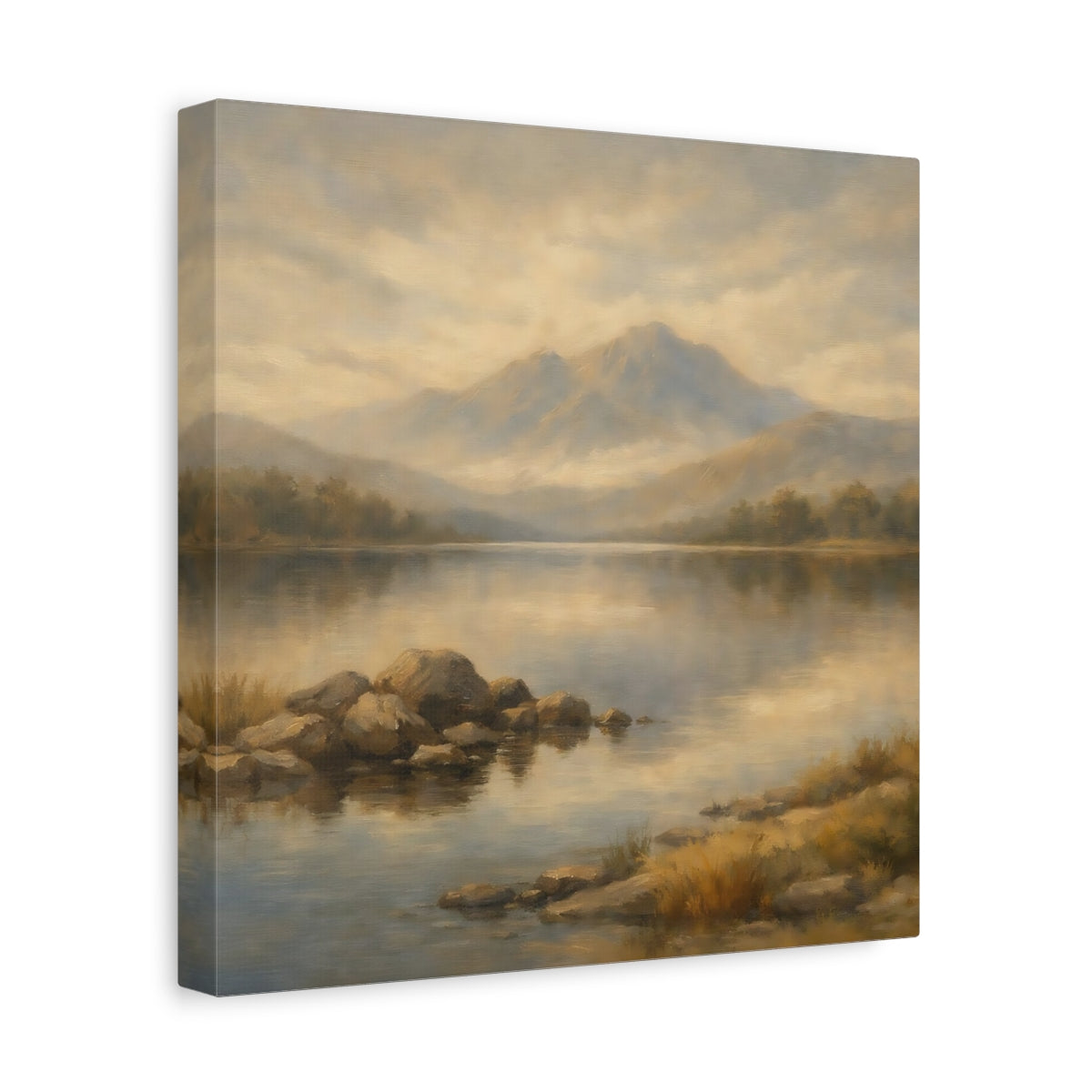Side Mockup 8. Nature Mountain Lake Earthy Landscape shown as stretched canvas wall art
