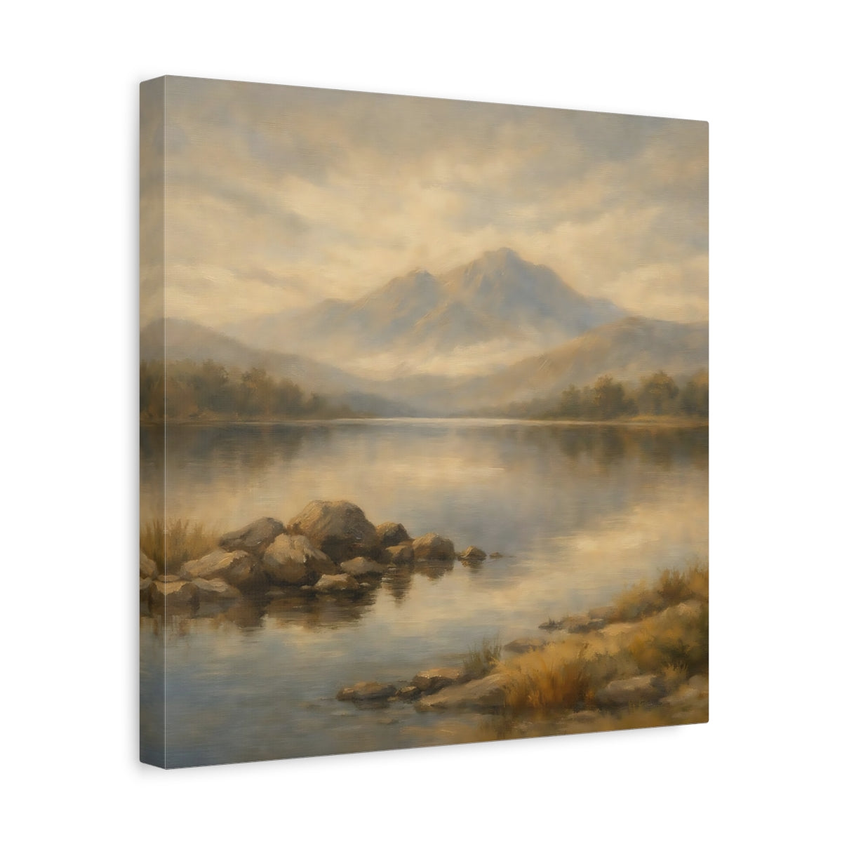 Side Mockup 7. Nature Mountain Lake Earthy Landscape shown as stretched canvas wall art