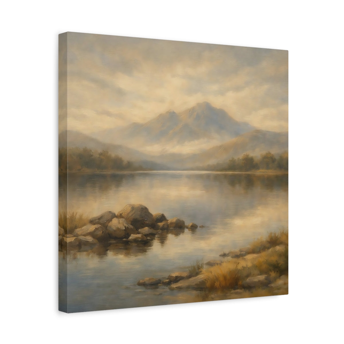 Side Mockup 6. Nature Mountain Lake Earthy Landscape shown as stretched canvas wall art