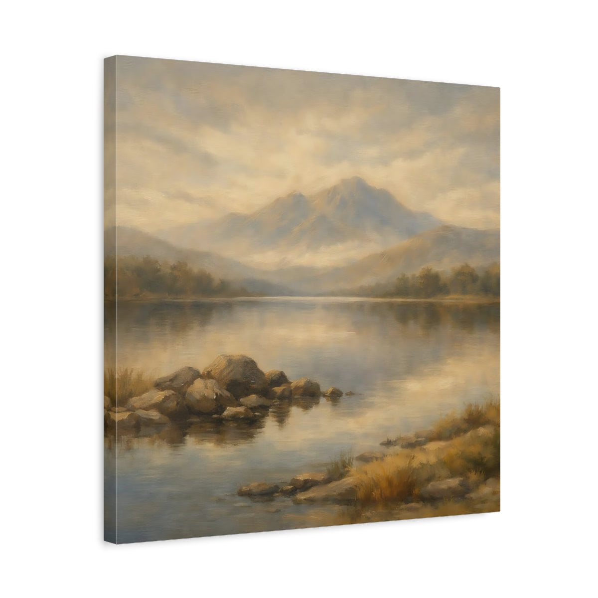 Side Mockup 5. Nature Mountain Lake Earthy Landscape shown as stretched canvas wall art