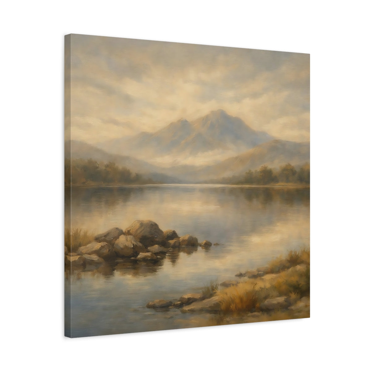 Side Mockup 4. Nature Mountain Lake Earthy Landscape shown as stretched canvas wall art