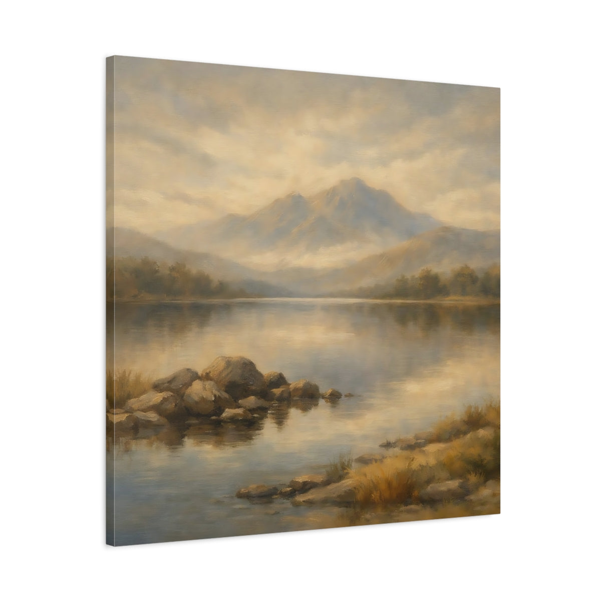 Side Mockup 3. Nature Mountain Lake Earthy Landscape shown as stretched canvas wall art