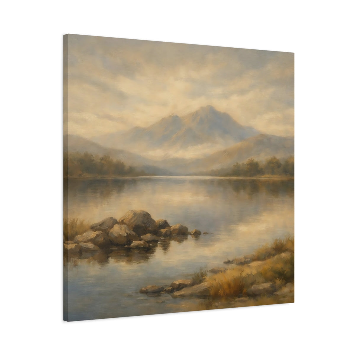 Side Mockup 2. Nature Mountain Lake Earthy Landscape shown as stretched canvas wall art