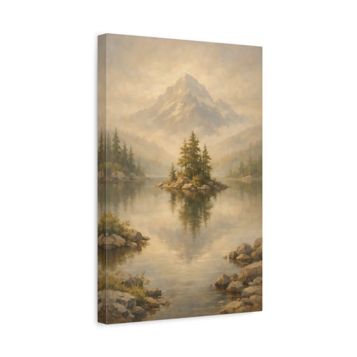 Side Mockup 4. Nature Mountain Lake Misty Landscape shown as stretched canvas wall art