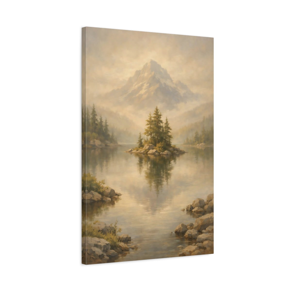 Side Mockup 2. Nature Mountain Lake Misty Landscape shown as stretched canvas wall art