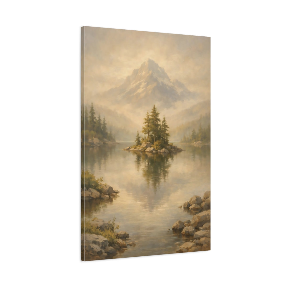 Side Mockup 1. Nature Mountain Lake Misty Landscape shown as stretched canvas wall art