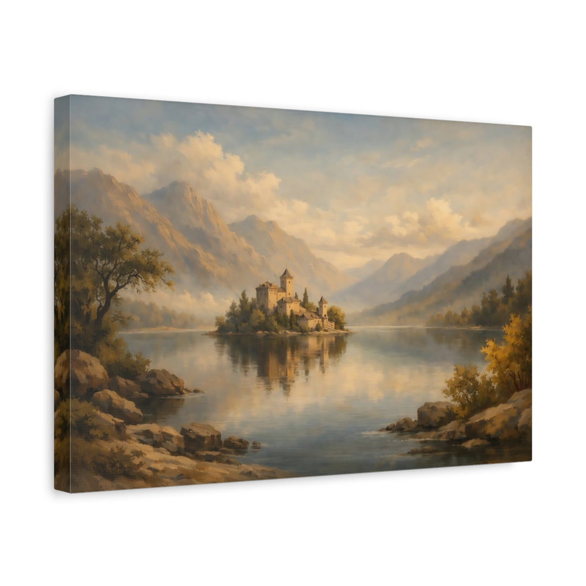 Side Mockup 4. Fairytale Island Castle Golden Lake Castle shown as stretched canvas wall art