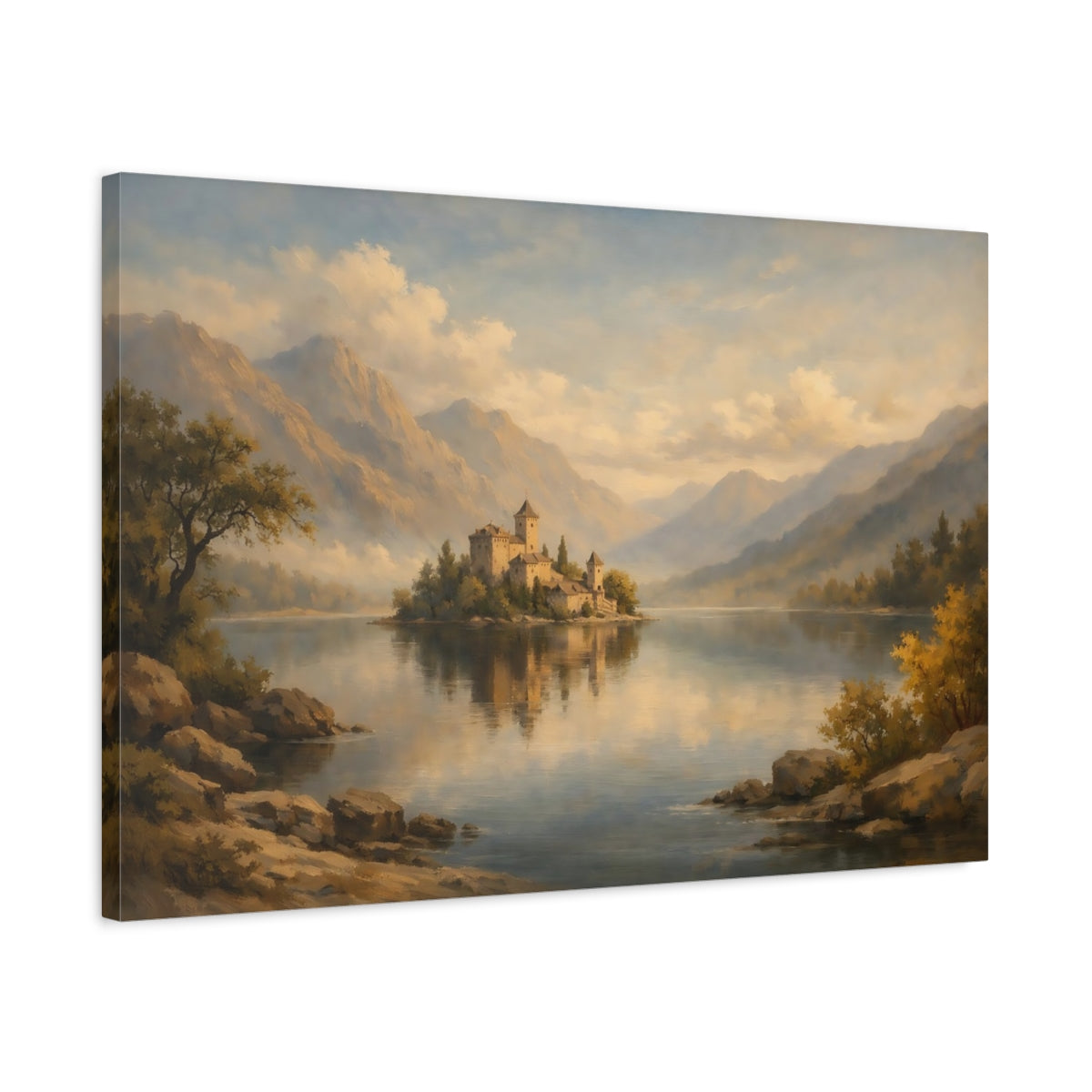 Side Mockup 2. Fairytale Island Castle Golden Lake Castle shown as stretched canvas wall art