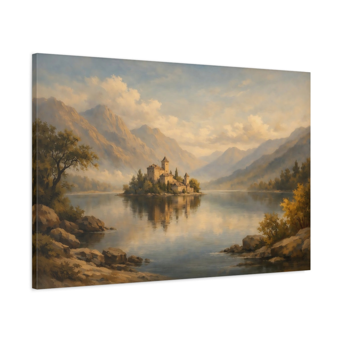 Side Mockup 1. Fairytale Island Castle Golden Lake Castle shown as stretched canvas wall art