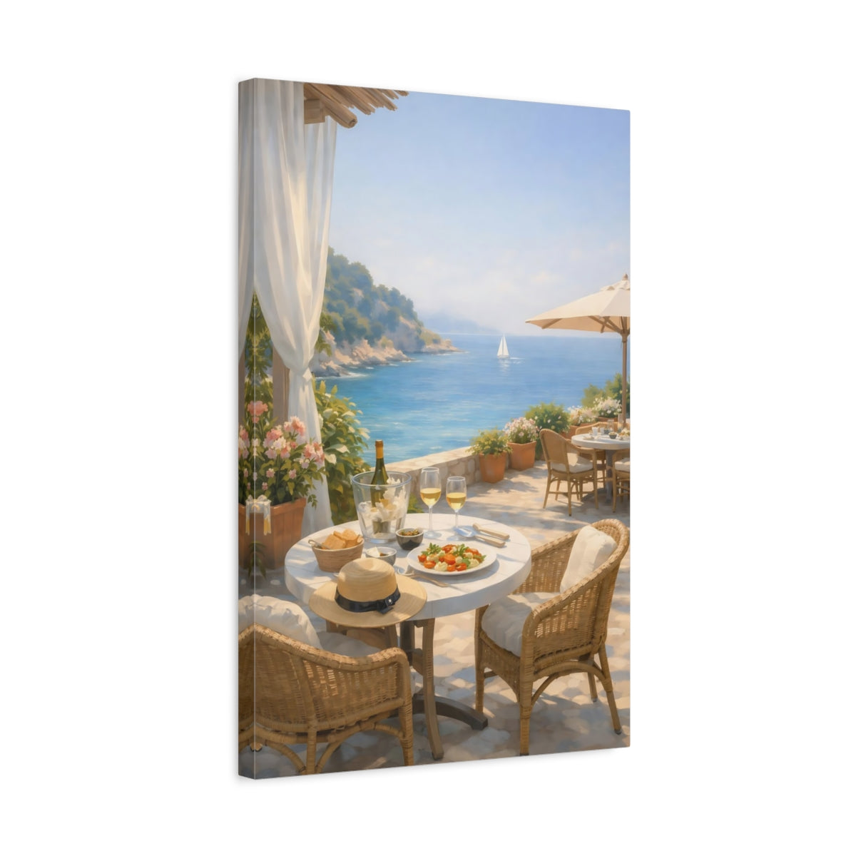 Side Mockup 3. Nature Seaside Terrace Blue Ocean Terrace shown as stretched canvas wall art