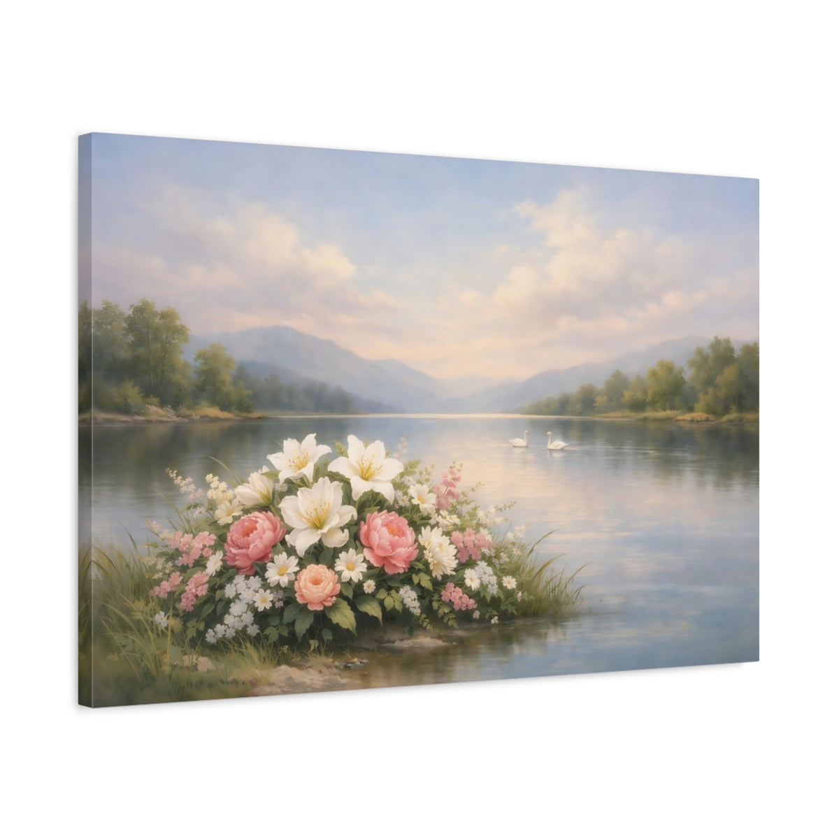 Floral Peaceful Lake Flowers Nature - Canvas Wall Art Print