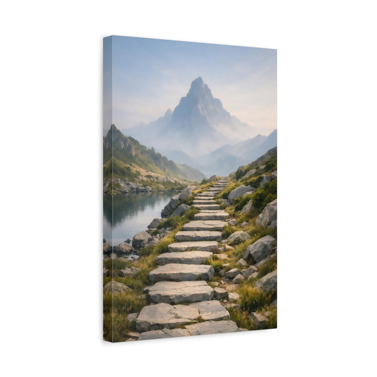 Side Mockup 4. Nature Mountain Path Mountain Lake Path shown as stretched canvas wall art