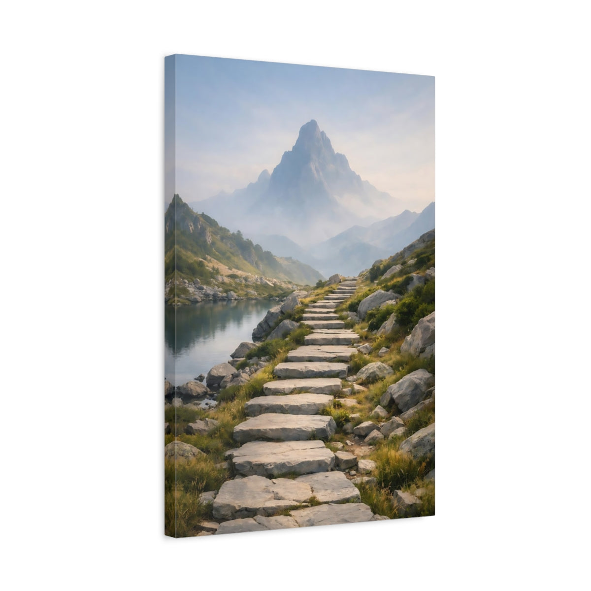 Side Mockup 3. Nature Mountain Path Mountain Lake Path shown as stretched canvas wall art