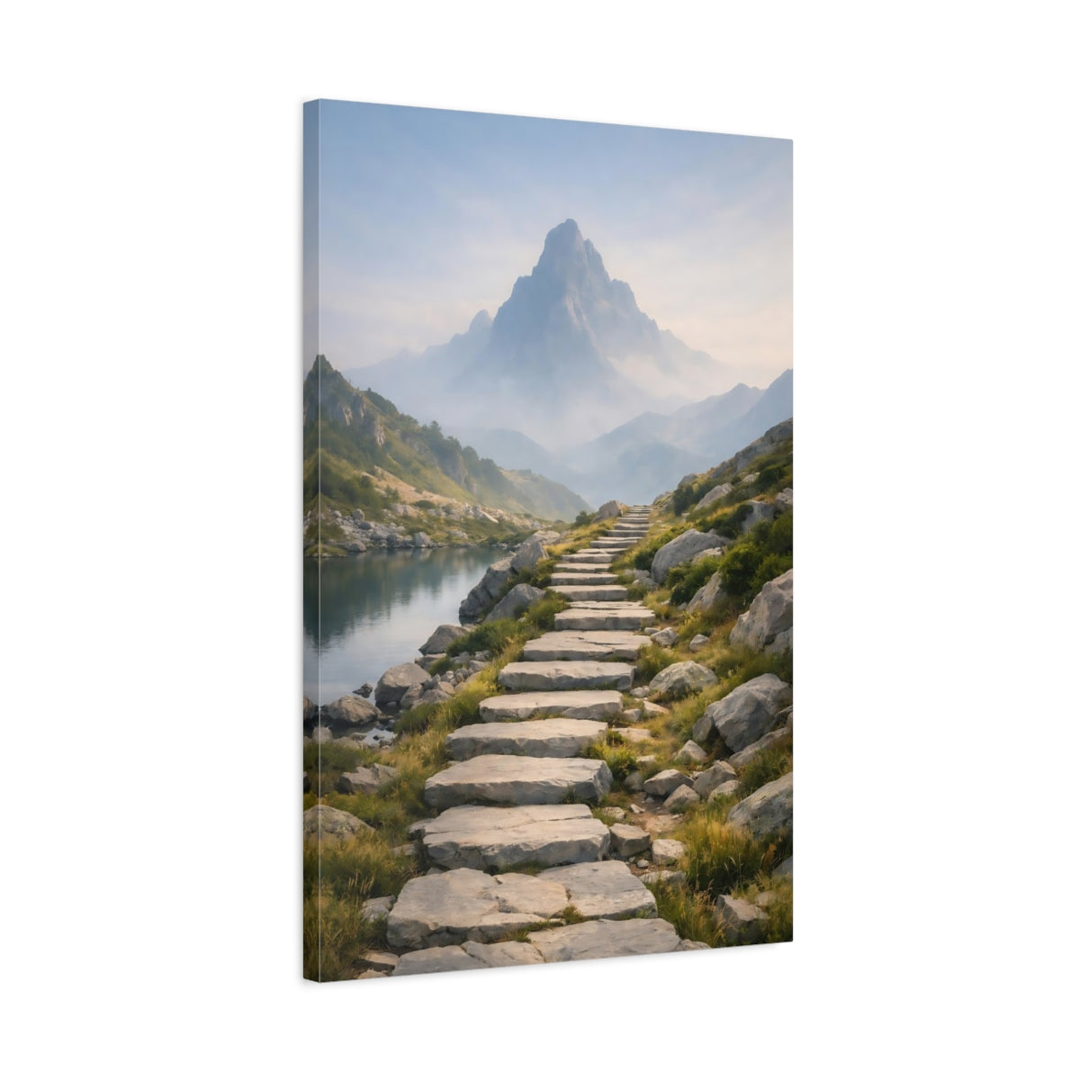 Side Mockup 2. Nature Mountain Path Mountain Lake Path shown as stretched canvas wall art