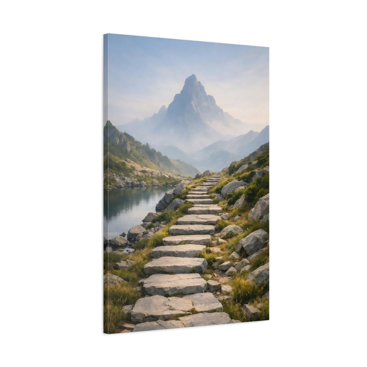 Side Mockup 1. Nature Mountain Path Mountain Lake Path shown as stretched canvas wall art