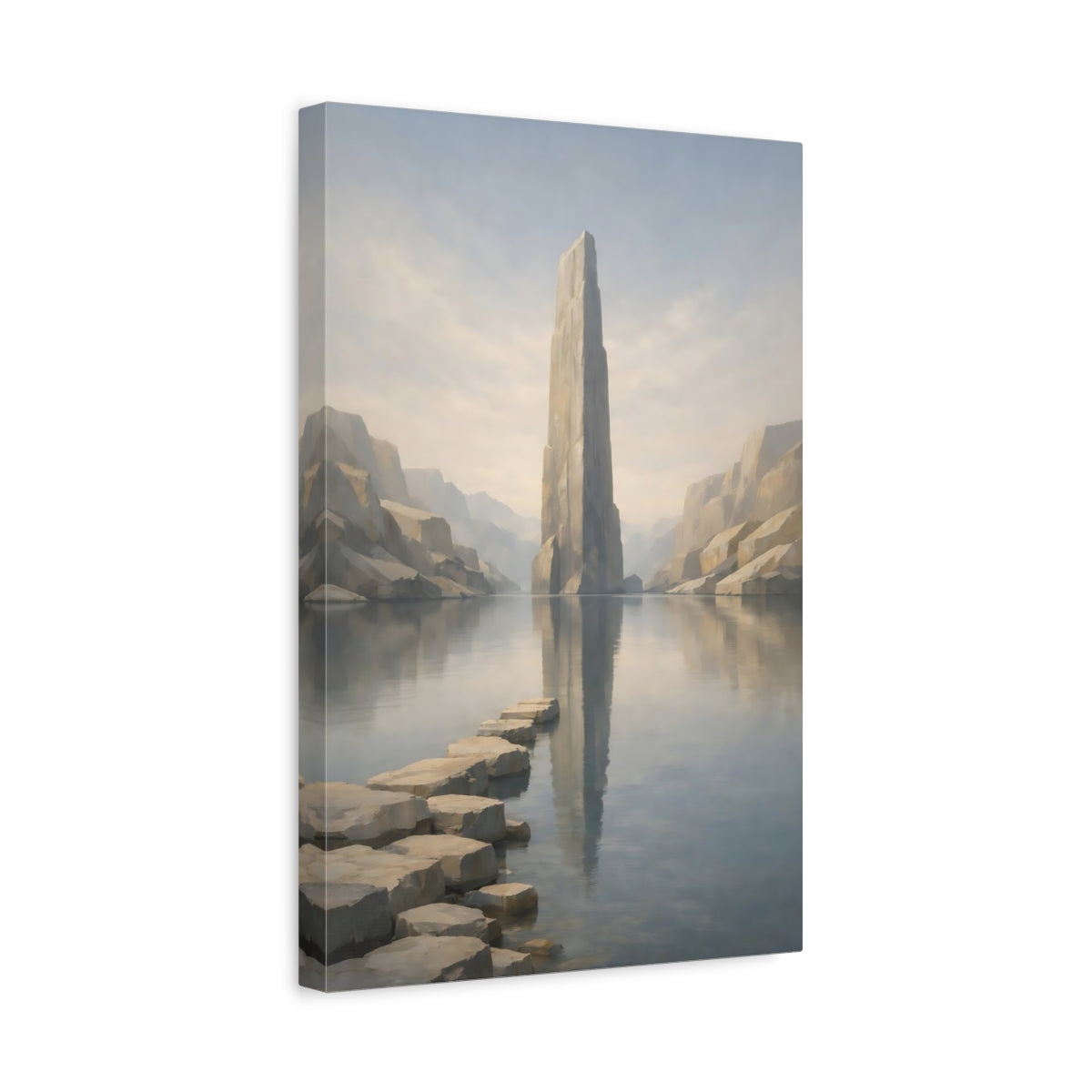 Side Mockup 4. Nature Rock Monolith Misty Landscape shown as stretched canvas wall art