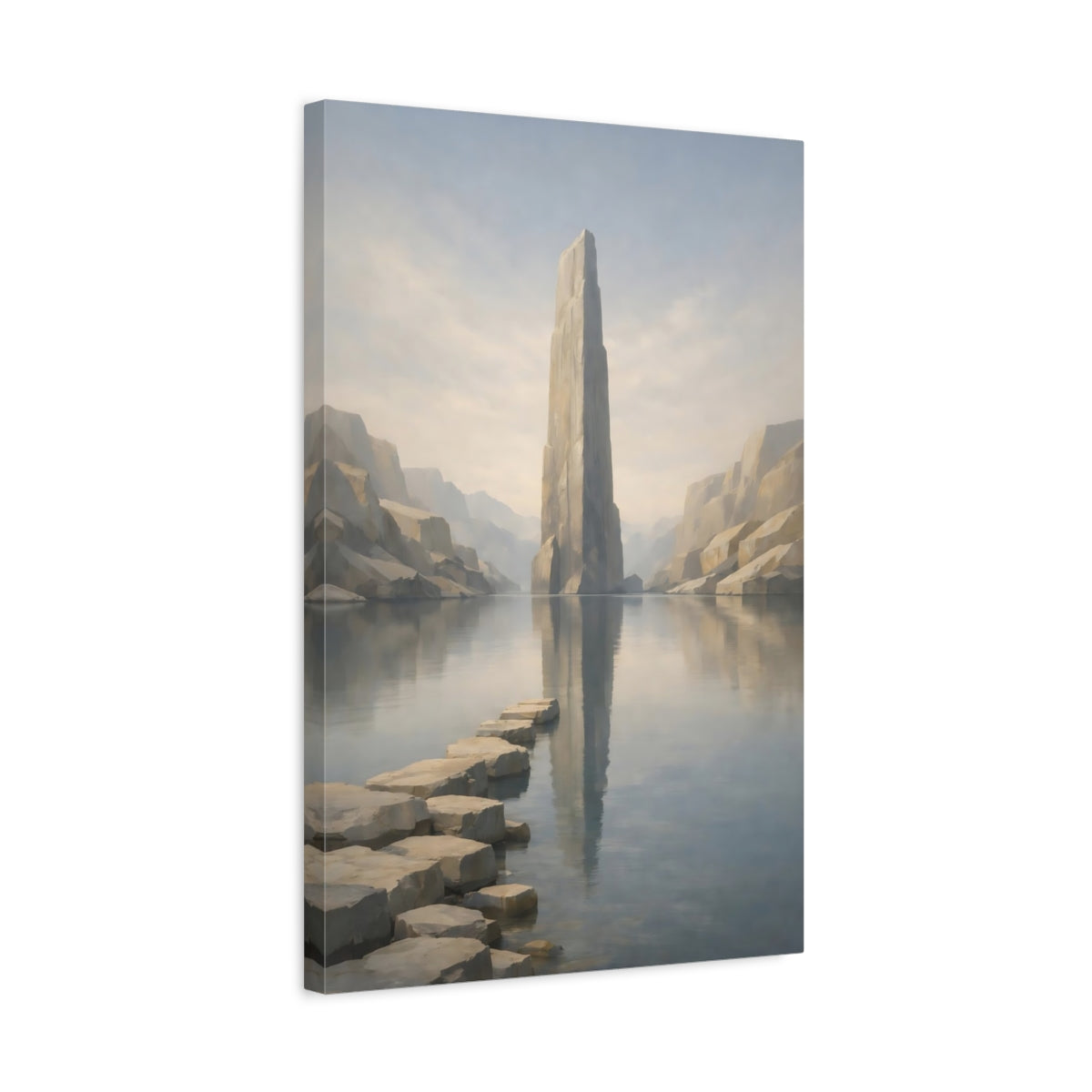 Side Mockup 3. Nature Rock Monolith Misty Landscape shown as stretched canvas wall art