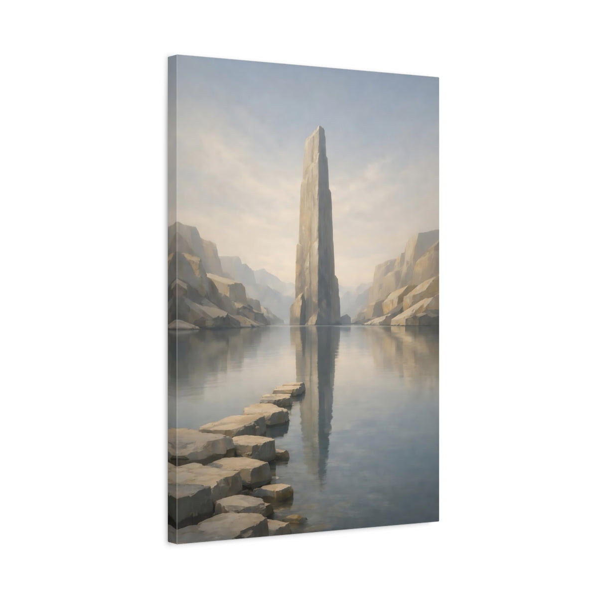 Side Mockup 2. Nature Rock Monolith Misty Landscape shown as stretched canvas wall art