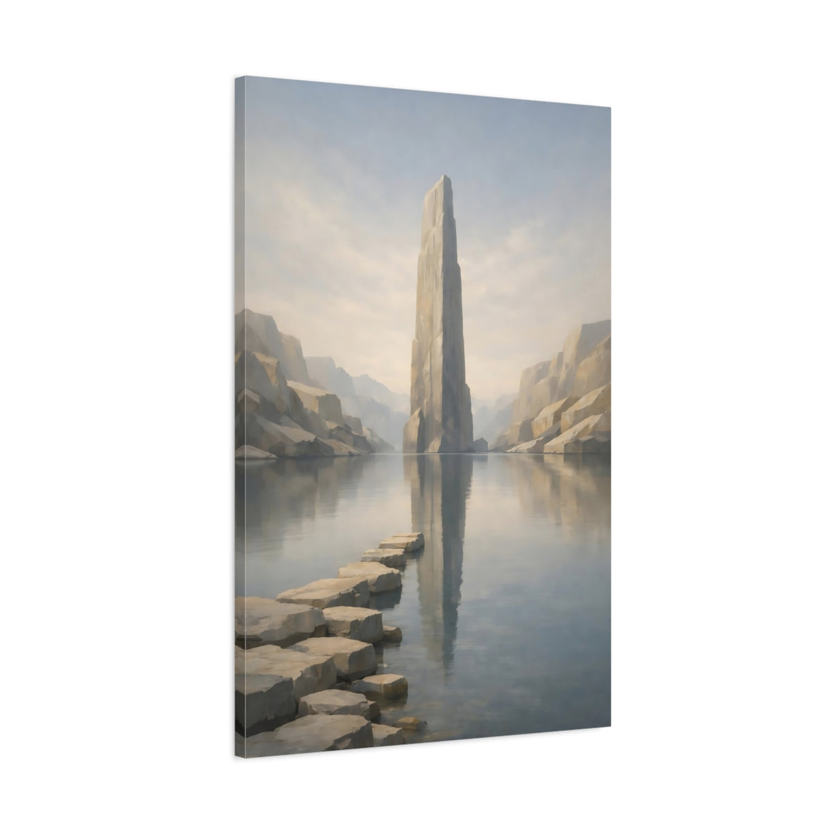 Side Mockup 1. Nature Rock Monolith Misty Landscape shown as stretched canvas wall art