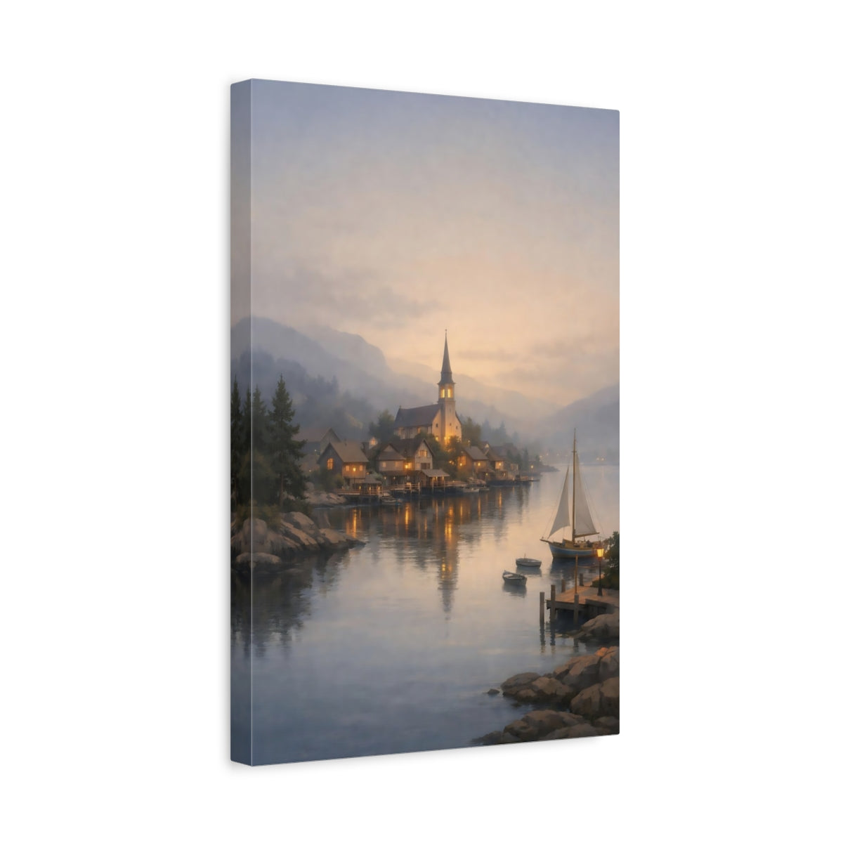 Side Mockup 4. Nature Lakeside Village Twilight Lake Village shown as stretched canvas wall art