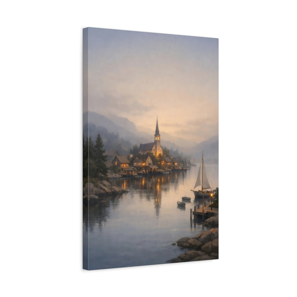 Side Mockup 3. Nature Lakeside Village Twilight Lake Village shown as stretched canvas wall art