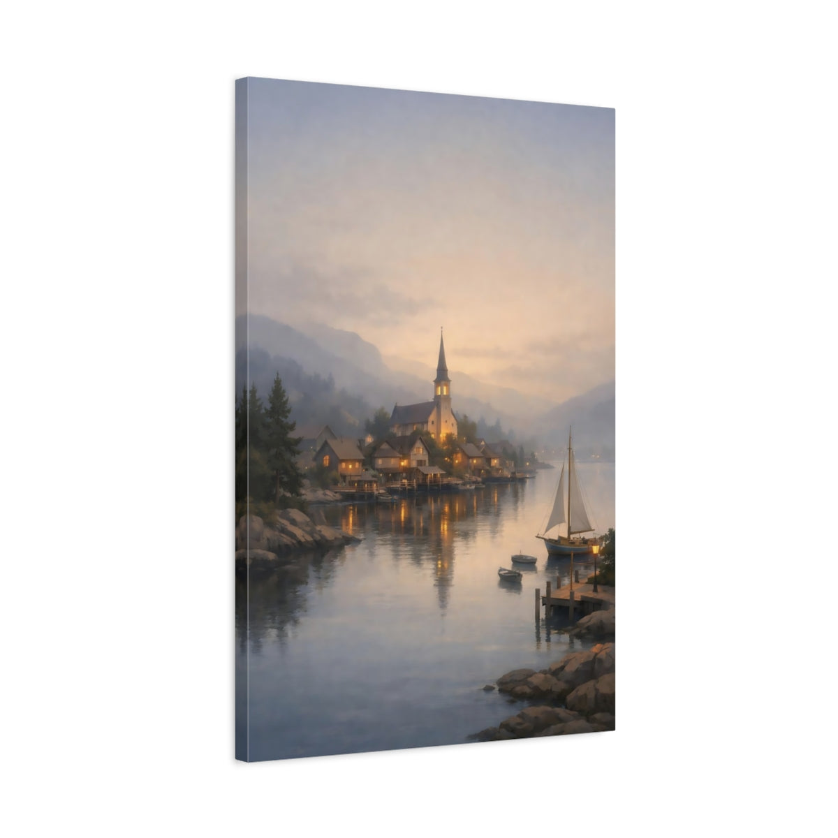 Side Mockup 2. Nature Lakeside Village Twilight Lake Village shown as stretched canvas wall art