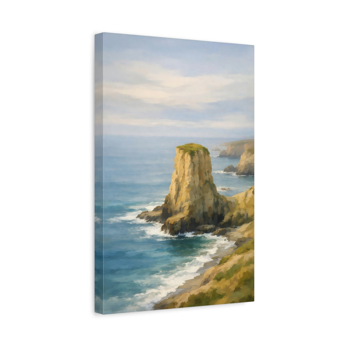 Side Mockup 4. Nature Sea Stack Blue And Gold Coastal shown as stretched canvas wall art