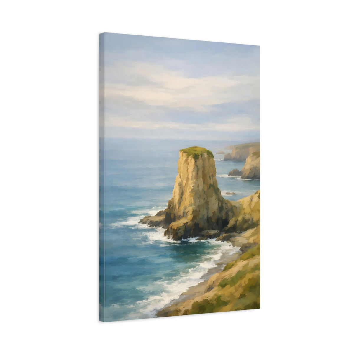 Side Mockup 2. Nature Sea Stack Blue And Gold Coastal shown as stretched canvas wall art