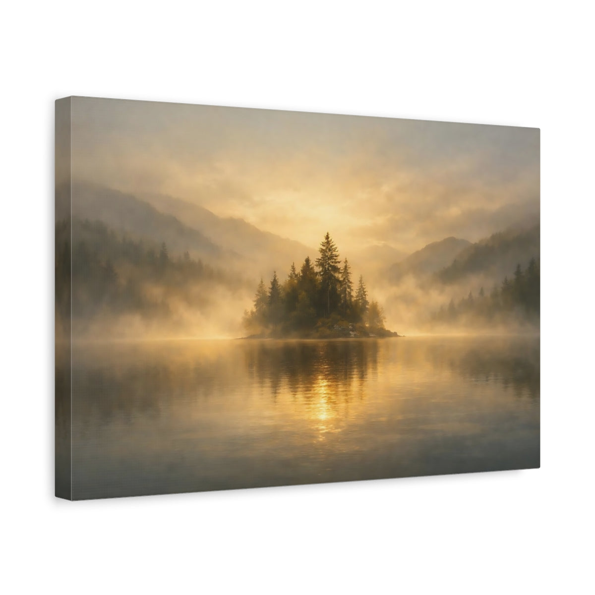 Mist Depth Golden Water Forest Island Nature - Canvas Wall Art Print