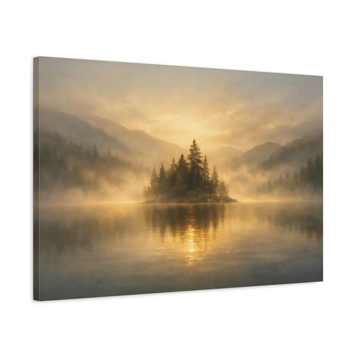 Mist Depth Golden Water Forest Island Nature - Canvas Wall Art Print