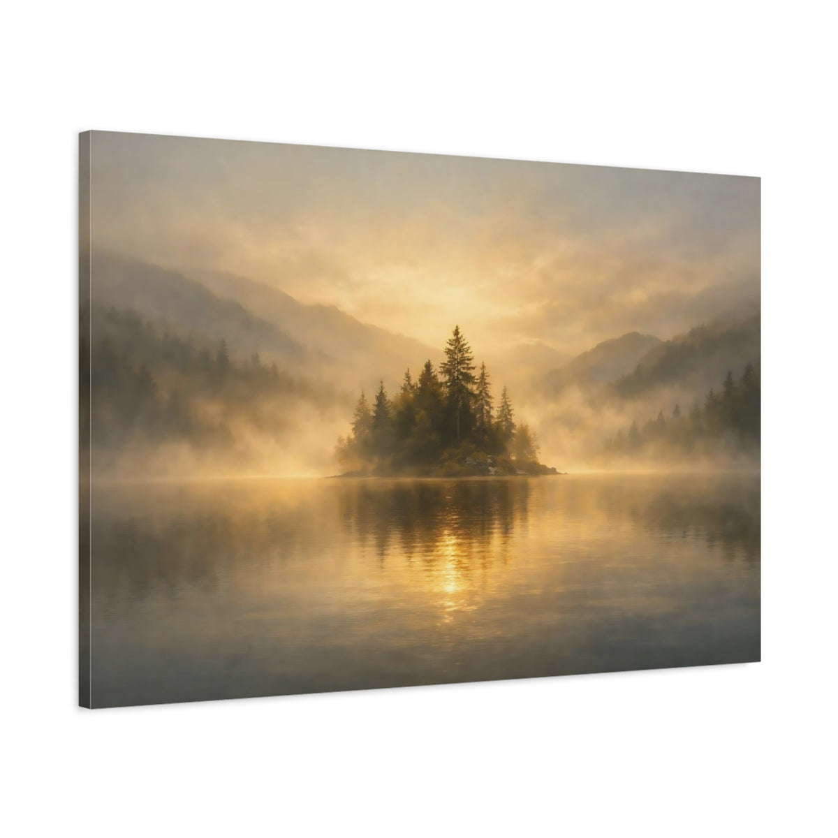 Mist Depth Golden Water Forest Island Nature - Canvas Wall Art Print