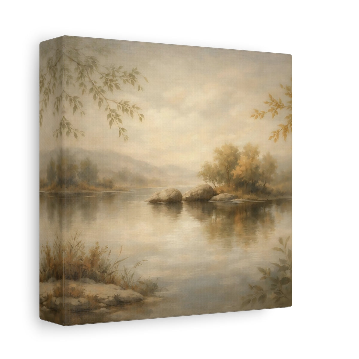 Side Mockup 1. Nature River Landscape Muted Landscape shown as stretched canvas wall art