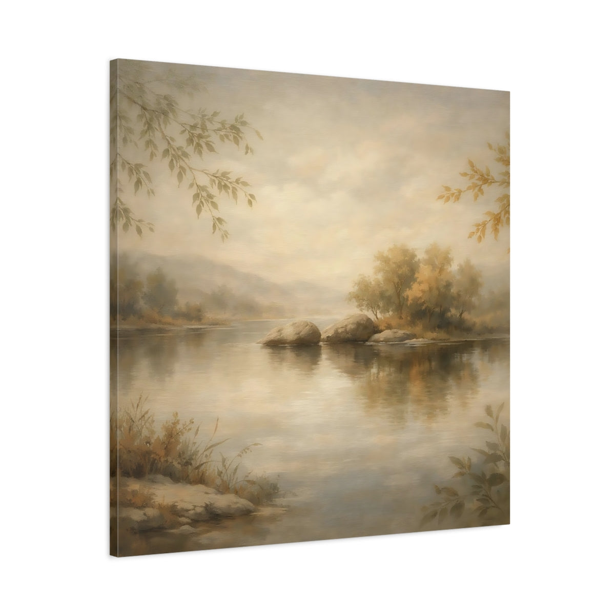 Side Mockup 2. Nature River Landscape Muted Landscape shown as stretched canvas wall art