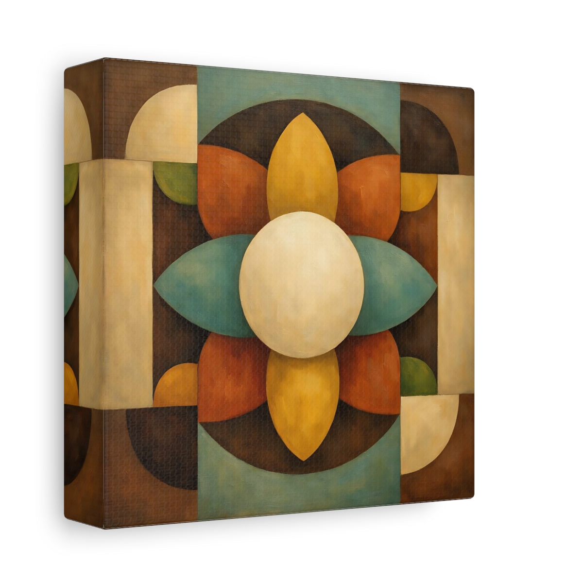 Side Mockup 1. Abstract Geometric Bloom Brown Teal Abstract shown as stretched canvas wall art