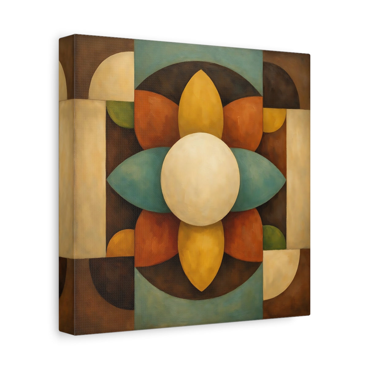 Side Mockup 9. Abstract Geometric Bloom Brown Teal Abstract shown as stretched canvas wall art