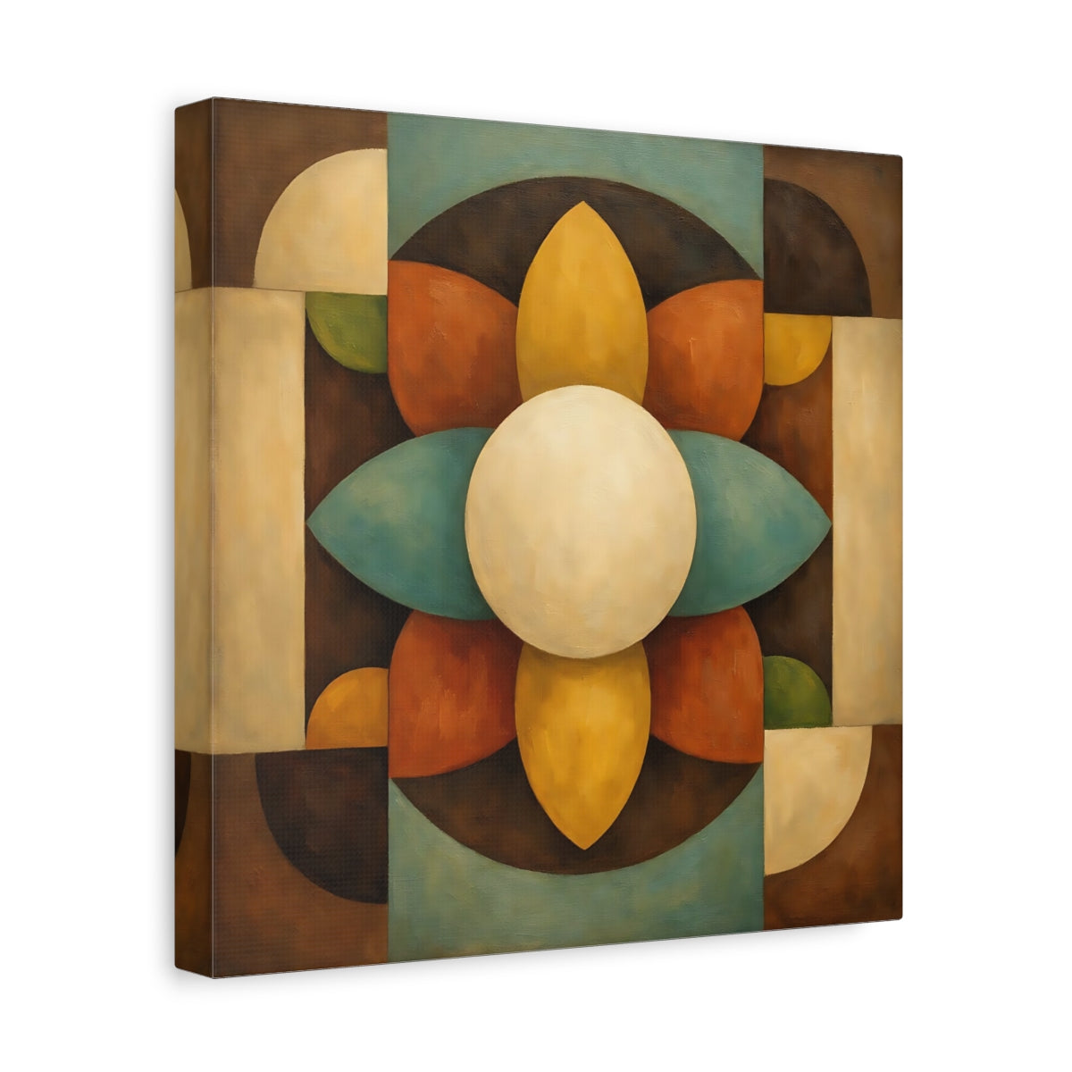 Side Mockup 8. Abstract Geometric Bloom Brown Teal Abstract shown as stretched canvas wall art