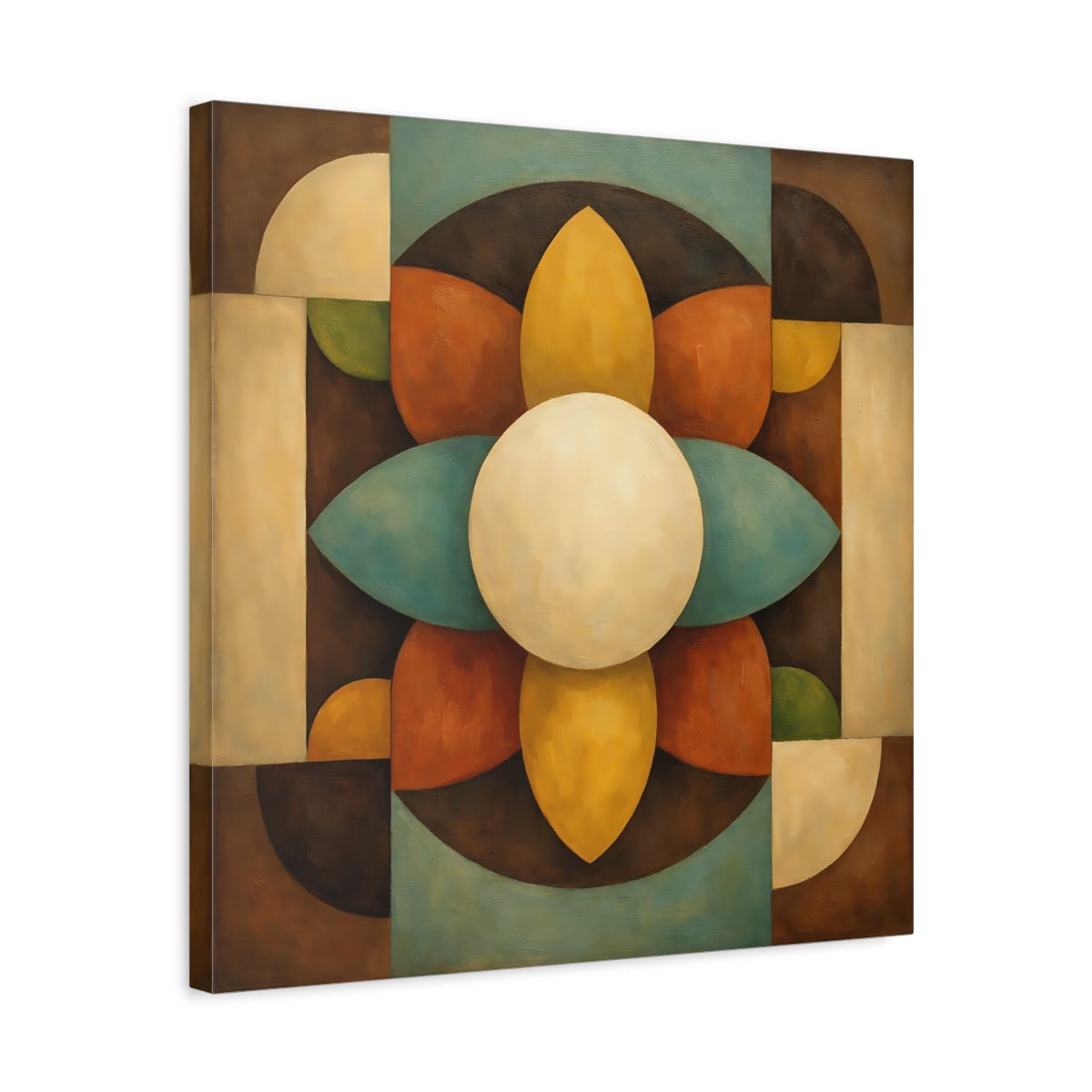 Side Mockup 5. Abstract Geometric Bloom Brown Teal Abstract shown as stretched canvas wall art