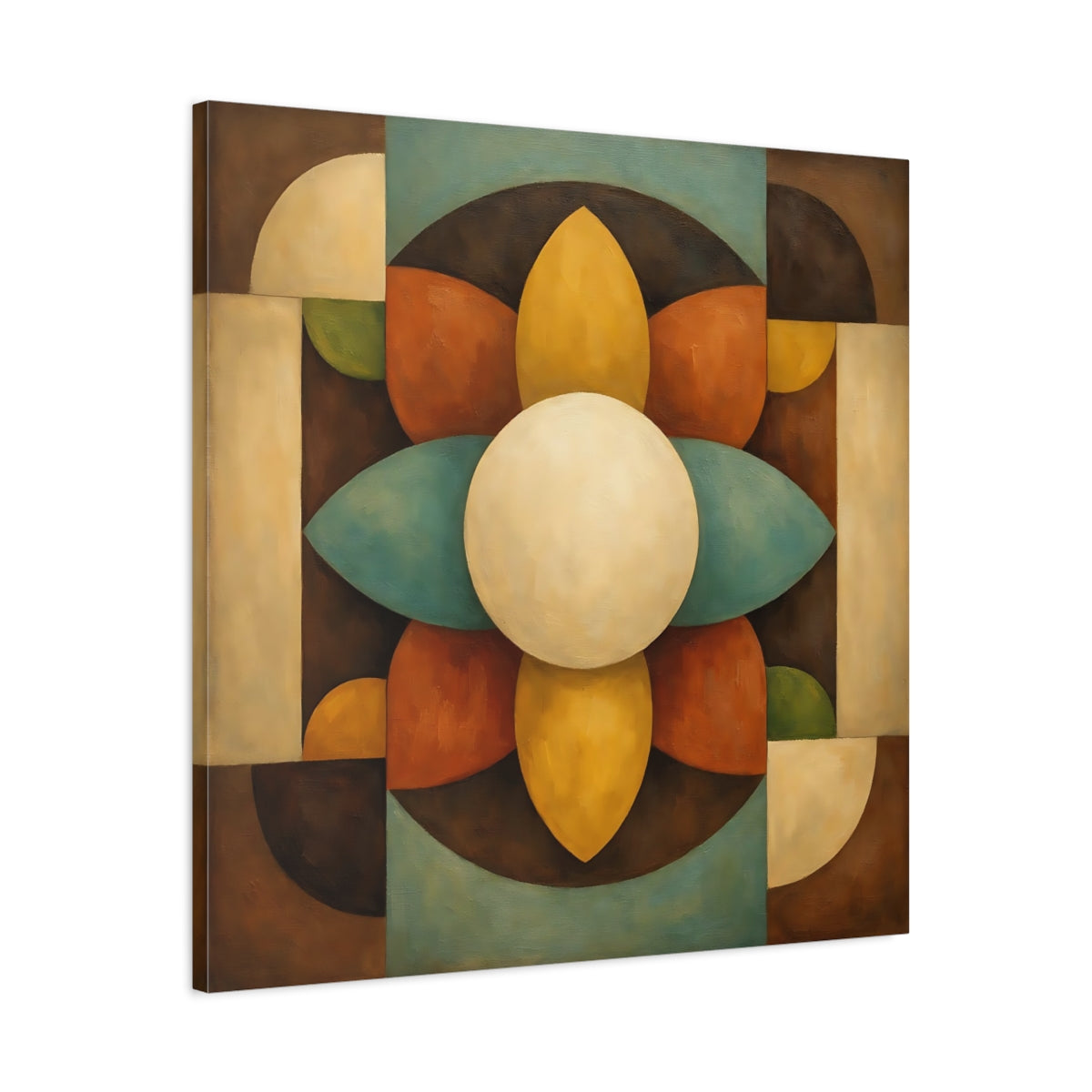 Side Mockup 3. Abstract Geometric Bloom Brown Teal Abstract shown as stretched canvas wall art