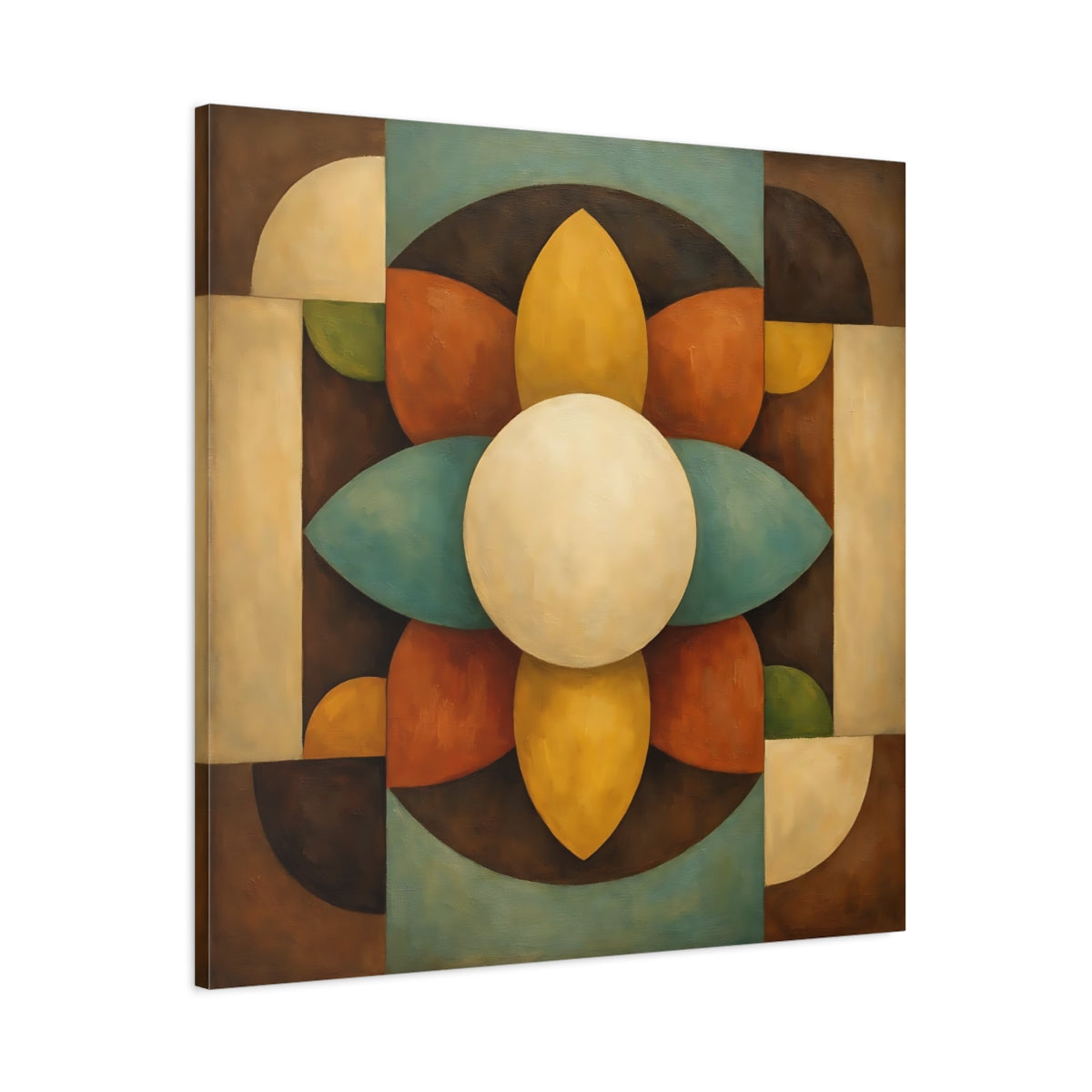 Side Mockup 2. Abstract Geometric Bloom Brown Teal Abstract shown as stretched canvas wall art
