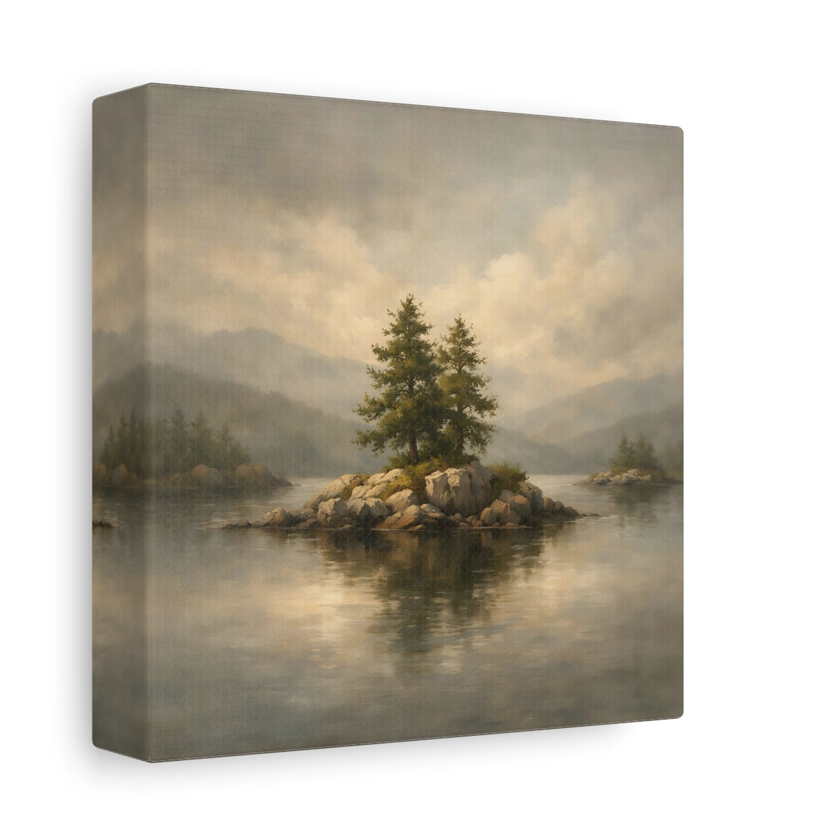 Side Mockup 1. Nature Pine Trees Lake Island Landscape shown as stretched canvas wall art