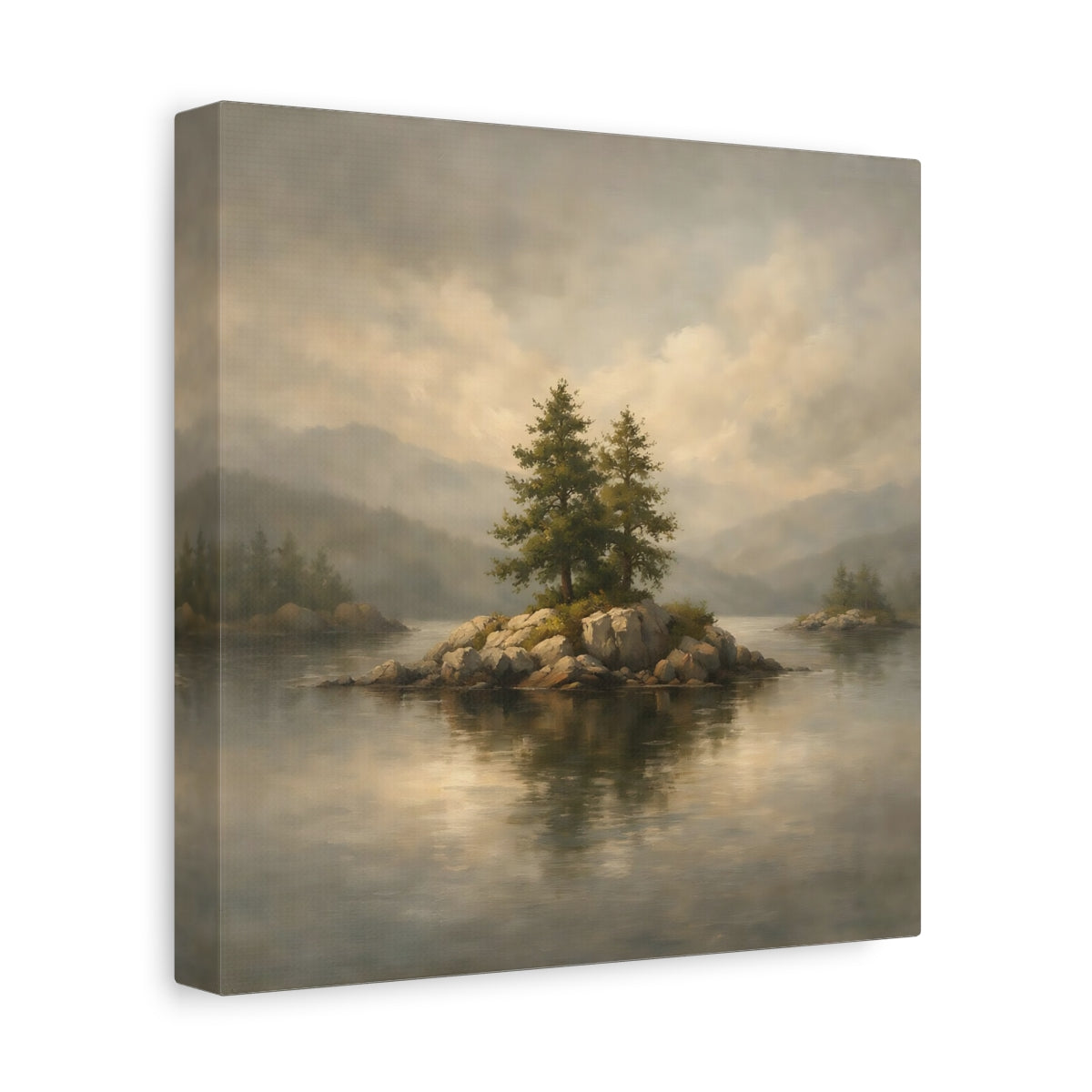 Side Mockup 9. Nature Pine Trees Lake Island Landscape shown as stretched canvas wall art