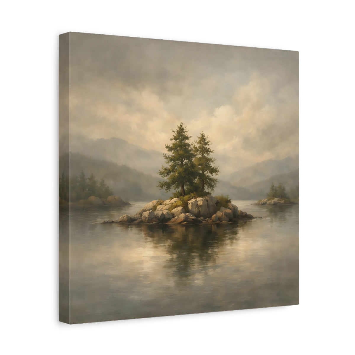 Side Mockup 7. Nature Pine Trees Lake Island Landscape shown as stretched canvas wall art