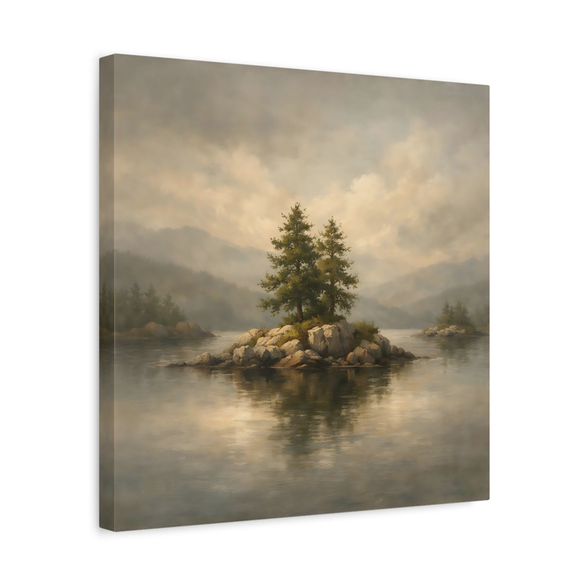 Side Mockup 6. Nature Pine Trees Lake Island Landscape shown as stretched canvas wall art