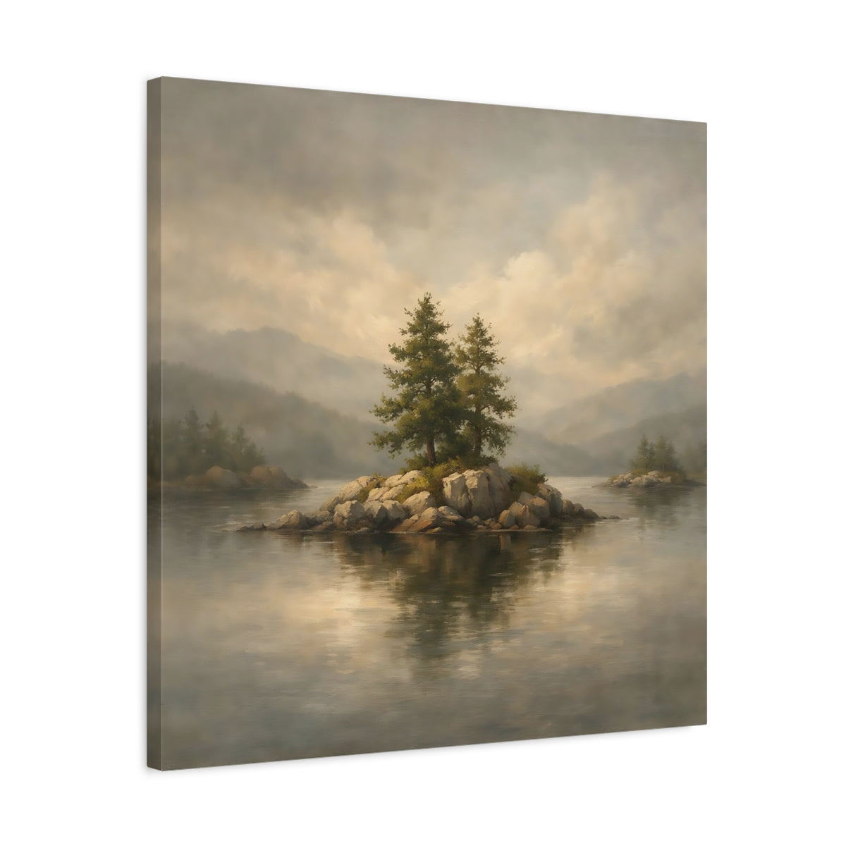 Side Mockup 4. Nature Pine Trees Lake Island Landscape shown as stretched canvas wall art